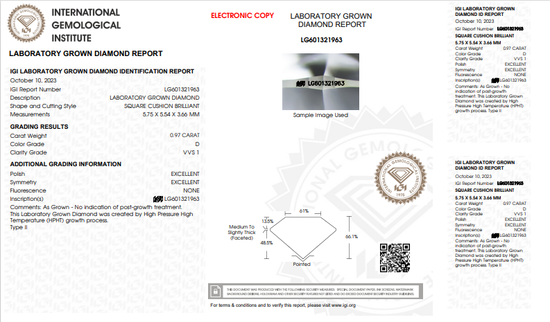 1 carat cushion cut lab grown diamond price
