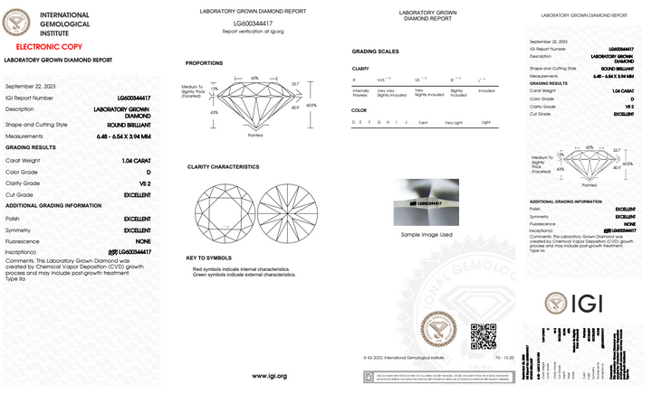 Diamante coltivato in laboratorio rotondo 1,04 CT certificato IGI - VS2 CLARITY