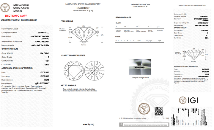 Сертифицированный IGI 1,04 CT Round Lab Rousher Diamond | VS1 ясность