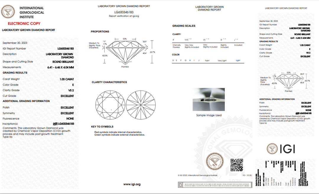 IGI-certificeret 1.03 CT Round Lab-dyrket diamant | Vs2 klarhed | E farve