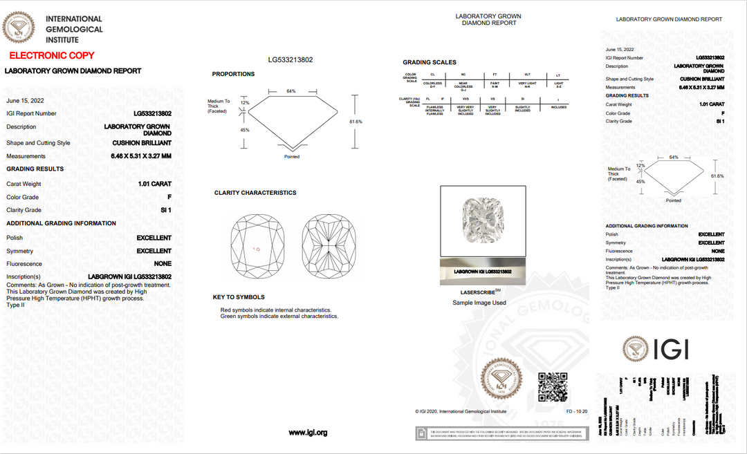 DIAMANT CULTIVÉ EN LABORATOIRE LONG COUSSIN DE 1,01 CT CERTIFIÉ IGI, CLARTÉ SI1, COULEUR F