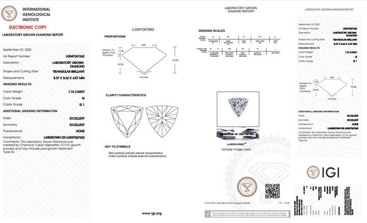 IGI-ZERTIFIZIERTER 1,76 CT TRILLIANT-SCHLIFF IM LABOR GEWACHSENER DIAMANT | SI1 KLARHEIT | G-FARBE