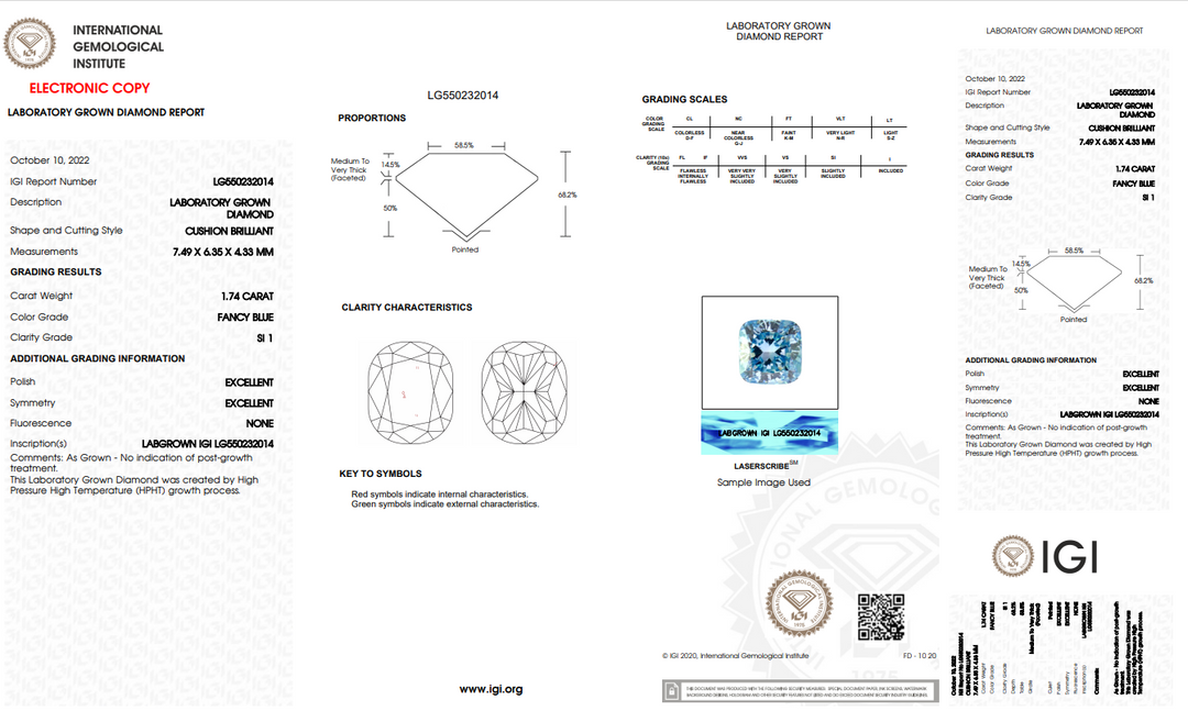 IGI-ZERTIFIZIERTER 1,74 ct langer, im Labor gezüchteter Diamant im Kissenschliff – SI1 – Fancy Blue