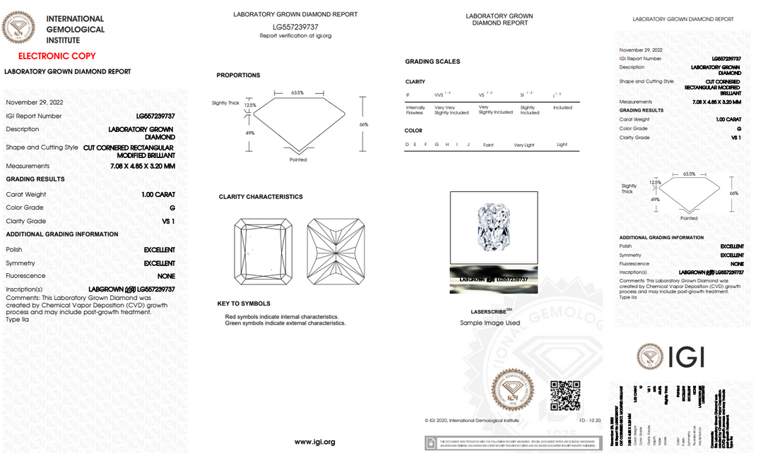 Сертифицированный IGI 1,00 CT Radiant Lab, выращенный бриллиант, VS1 Clarity, G Color