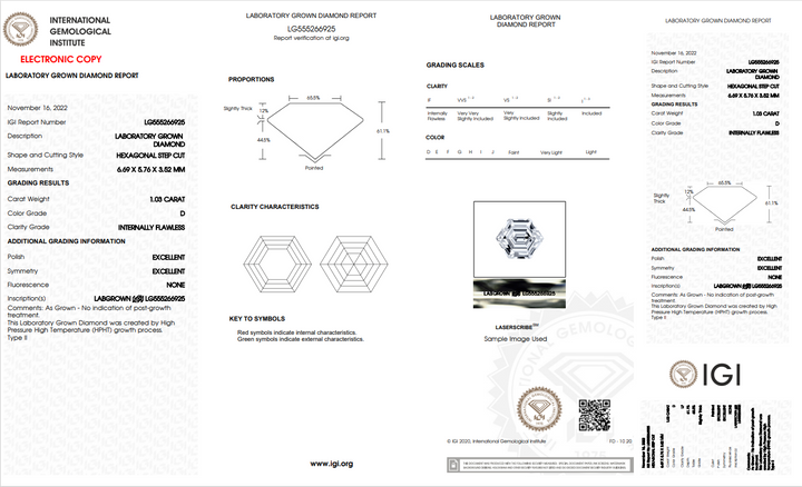 IGI Certified 1.03 CT سداسيت قطع مختبر نمت الماس | لا تشوبها شائبة داخليا | د اللون