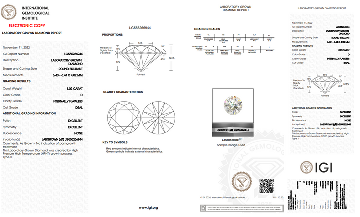 IGI Certified 1.02 CT ROUND LAB pěstovaný diamant (if/D)