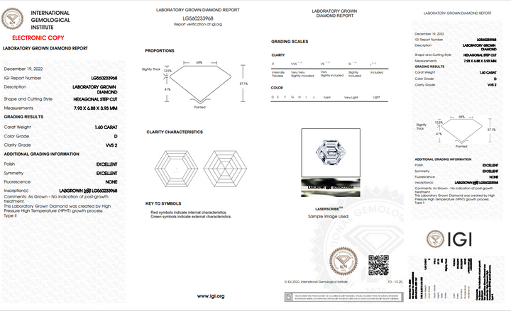 IGI CERTIFIED 1.60 CT HEXAGONAL CUT LAB-GROWN DIAMOND - VVS2/D COLOR