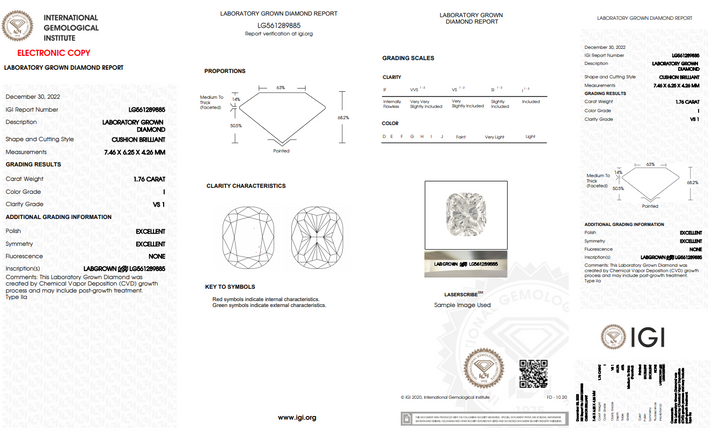 IGI CERTIFIED 1.76 CT LONG CUSHION CUT LAB-GROWN DIAMOND, VS1 CLARITY, I COLOR