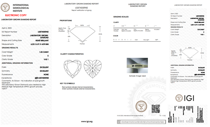 IGI certificat de 1,00 ct în formă de inimă diamant cultivat laborator cu claritate VVS1 și culoare E