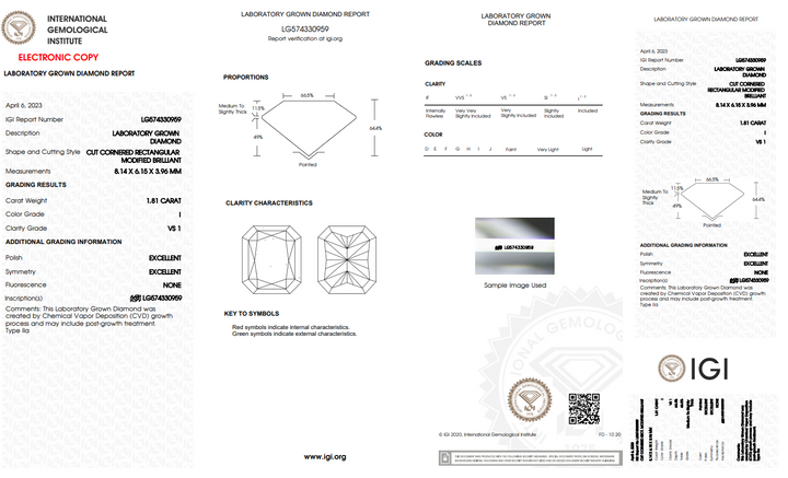 IGI CERTIFIED 1.81 CT RADIANT CUT LAB-GROWN DIAMOND, VS1 CLARITY, I COLOR