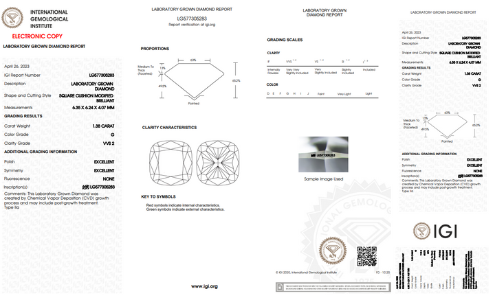 IGI CERTIFIED 1.38 CT CUSHION CUT LAB-GROWN DIAMOND, VVS2 CLARITY, G COLOR