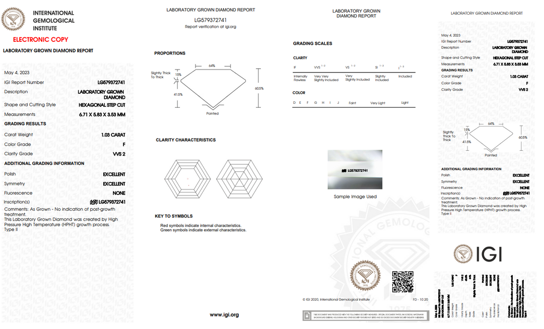 IGI Certified 1.03 CT Hexagonal Cut Lab Gegroeide diamant, VVS2 Clarity, F Color