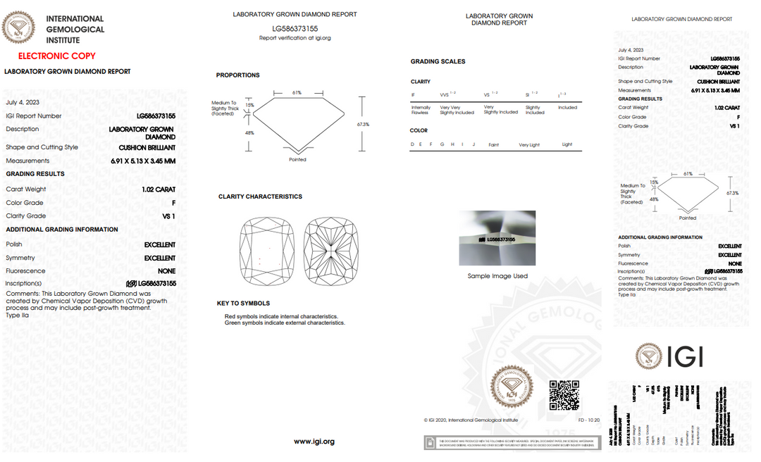 DIAMANT CULTIVÉ EN LABORATOIRE LONG COUSSIN DE 1,02 CT CERTIFIÉ IGI, CLARTÉ VS1, COULEUR F