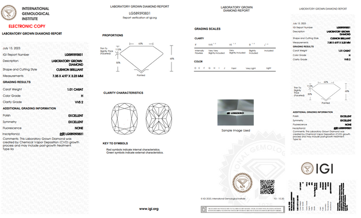 IGI-ZERTIFIZIERTER 1,01 CT LANGER CUSHION-CUT-LABOR-GROWN-DIAMANT – FARBE VVS2/H