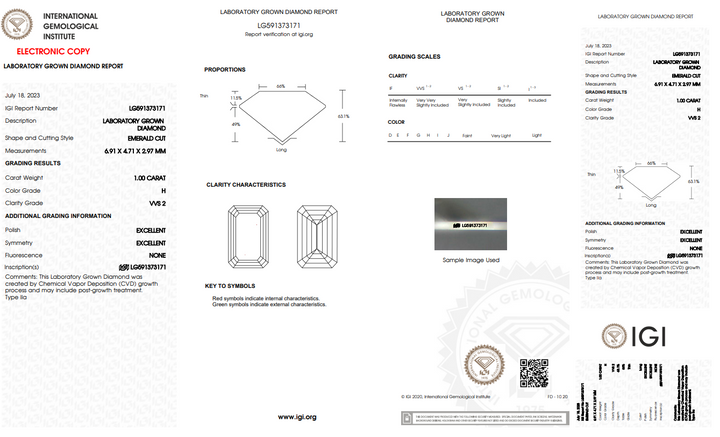 IGI CERTIFIED 1 CT EMERALD CUT LAB-GROWN DIAMOND, VVS2 CLARITY