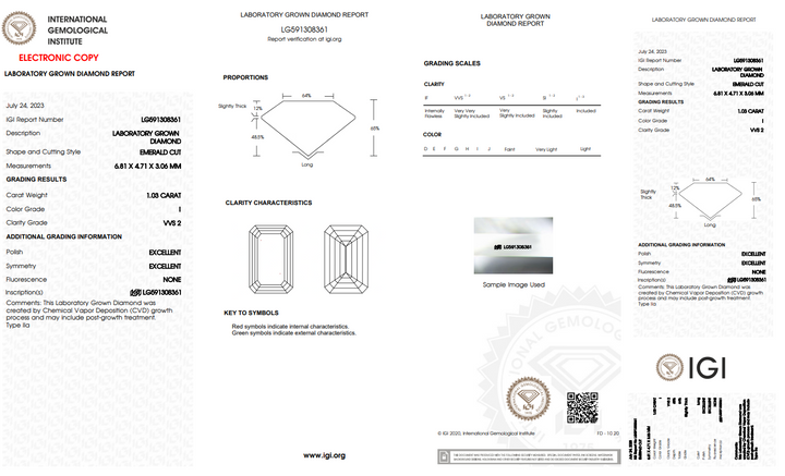 IGI сертифікував 1,03 CT Emerald Cut Lab-Lab-Down Diamond, VVS2 Clarity