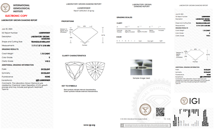 IGI-zertifizierter, im Labor gezüchteter Diamant mit Trilliantschliff von 1,10 Karat – Farbe VVS2/E