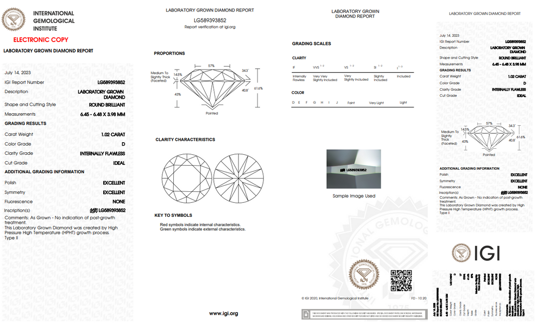 IGI gecertificeerd 1,02 ct ronde lab gekweekte diamant, intern foutloos (if)