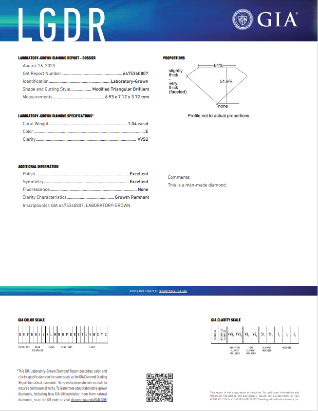 DIAMANT CULTIVÉ EN LABORATOIRE DE 1,04 CT CERTIFIÉ GIA - COULEUR VVS2/E