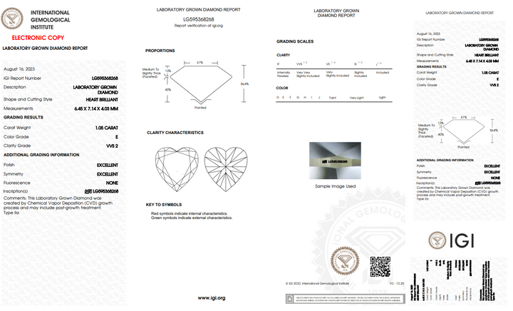 IGI Sertifikalı 1.05 CT Kalp Şeklinde Laboratuvar Grown Diamond, VVS2 Clarity, E Renk