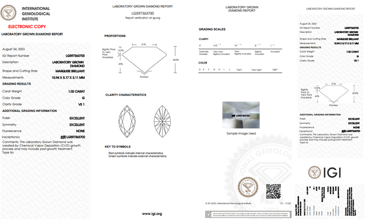 DIAMANT CULTIVÉ EN LABORATOIRE MARQUISE DE 1,02 CT CERTIFIÉ IGI, CLARTÉ VS1