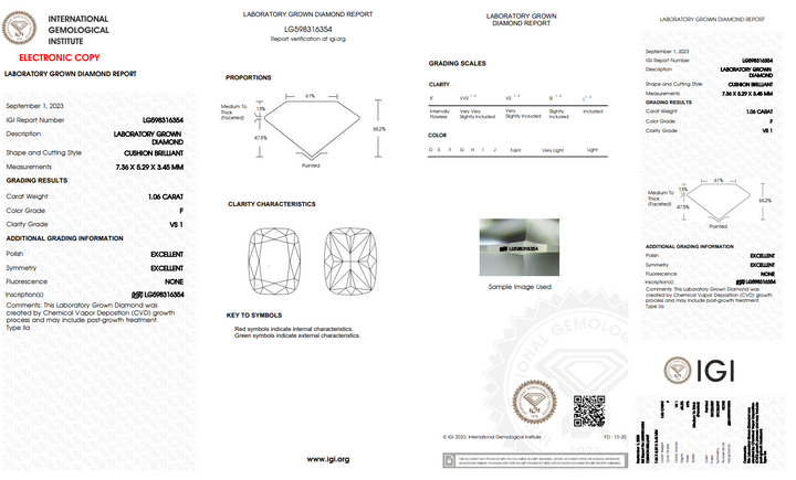 IGI CERTIFIED 1.06 CT LONG CUSHION BRILLIANT CUT LAB GROWN DIAMOND, VS1 CLARITY, F COLOR