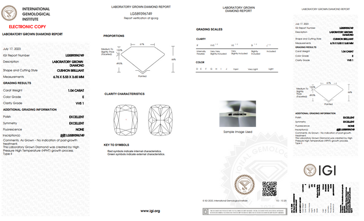 IGI Sertifikalı 1.04 CT Uzun Yastık Parlak Kesim Laboratuar Grown Diamond, VVS1 Clarity, E Renk