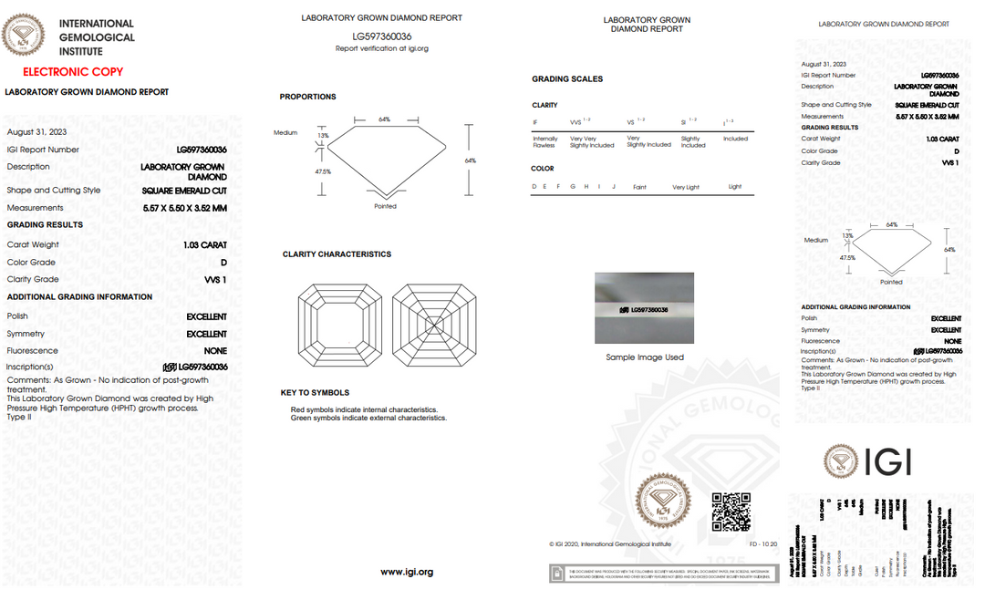 DIAMANT CULTIVÉ EN LABORATOIRE ÉMERAUDE CARRÉ DE 1,03 CT CERTIFIÉ IGI, CLARTÉ VVS1, COULEUR D