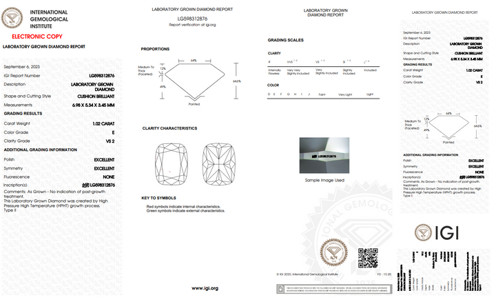 Certificado IGI 1,02 Ct Long Cushion Brilliant Cut Lab cultivado diamante - vs2/e cor