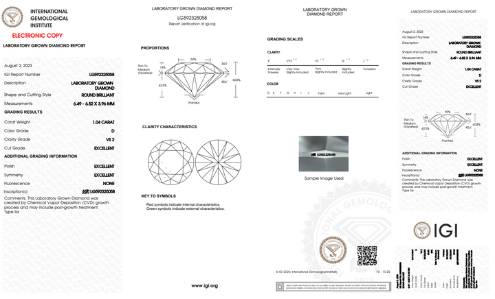 IGI сертифікував 1,04 CT Round Lab Diamond Diamond, VS2 Clarity