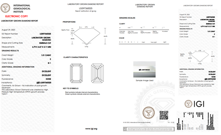 IGI Certified 1.01 CT Emerald Cut Lab Gegroeide diamant met SI1-duidelijkheid