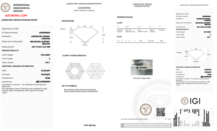 IGI CERTIFIED 1.03 CT HEXAGONAL CUT LAB GROWN DIAMOND - VVS1 - E COLOR