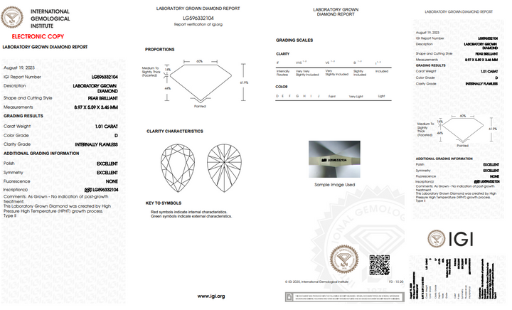 IGI -sertifisert 1.01 CT Pear -formet lab -dyrket diamant - Internt feilfri (hvis) - D -farge