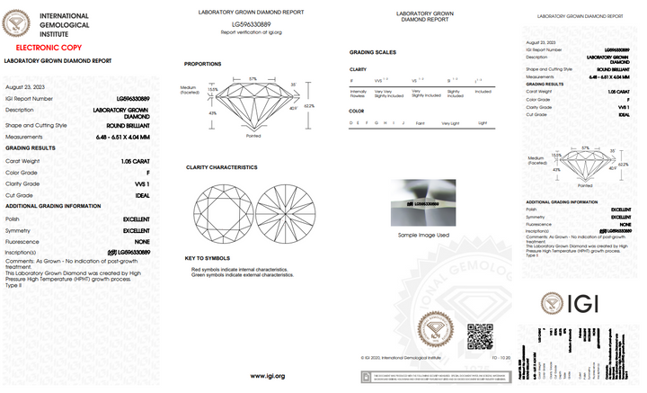 1,05 CT Round Lab -dyrket diamant - VVS1 klarhed - F farve - blå skygge