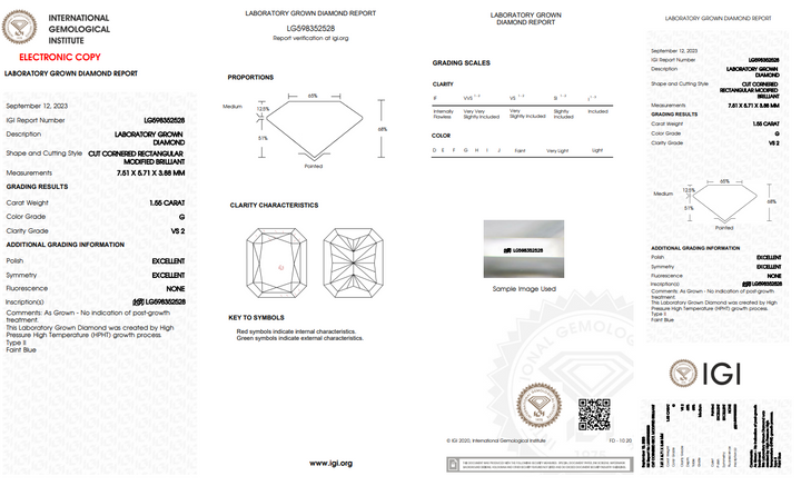 IGI CERTIFIED 1.55 CT RADIANT CUT LAB-GROWN DIAMOND | VS2 CLARITY | G COLOR