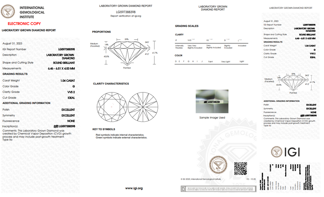 IGI CERTIFIED 1.04 CT ROUND LAB-GROWN DIAMOND, VVS2, G COLOR