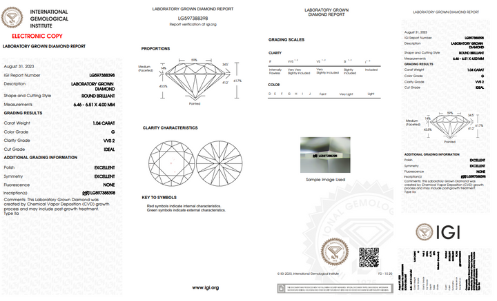 Сертифицированный IGI 1,04 CT Round Lab Rouse Diamond, VVS2, G Color