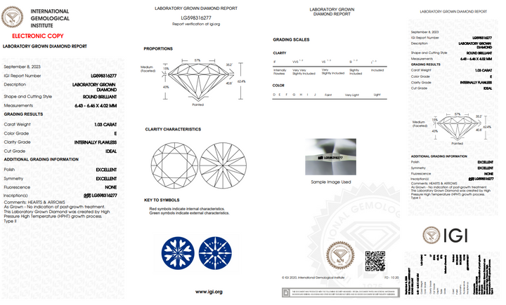 IGI-sertifisert 1,03 CT Round Lab-dyrket diamant, internt feilfri (hvis)