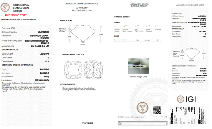 IGI-ZERTIFIZIERTER 1,55 ct Kissen im Labor gezüchteter Diamant im Brilliantschliff, VS1-Klarheit, E-Farbe