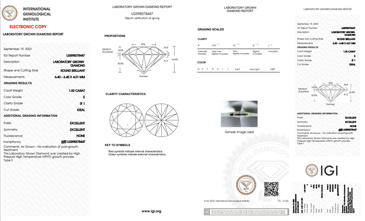 Сертифицированный IGI 1,03 CT Round Lab Rouse Diamond с ясностью SI1