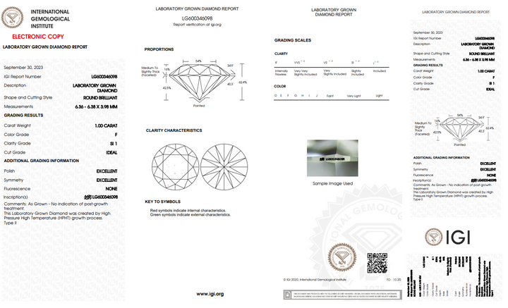 IGI certifikoval 1 CT kulatý laboratoř pěstovaný diamant, SI1 Clarity