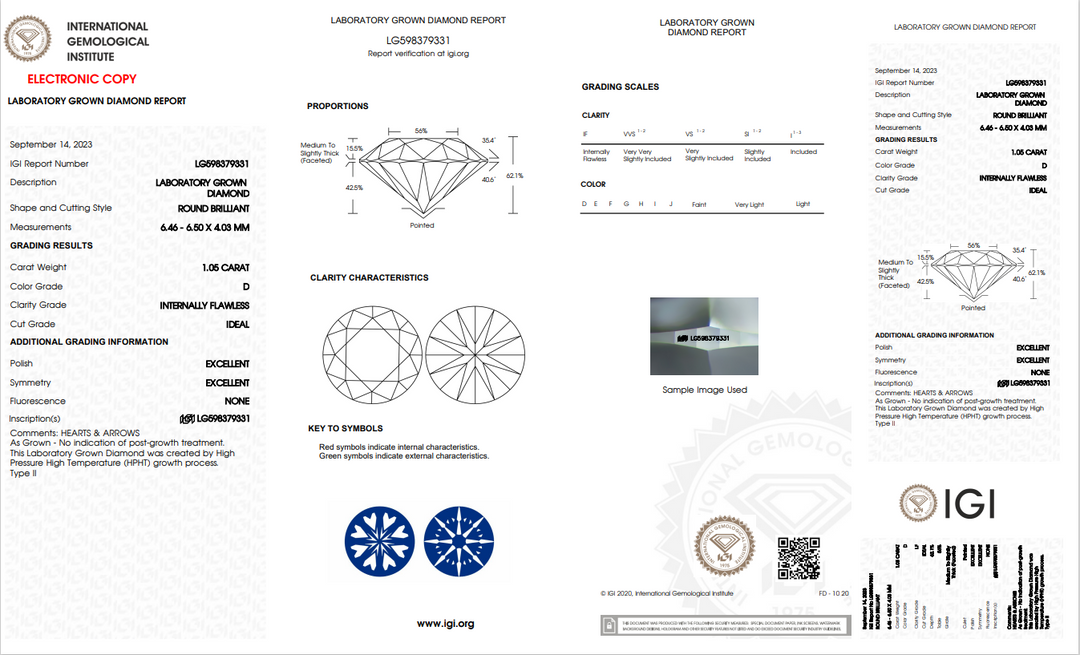 Diamant rond exquis cultivé en laboratoire de 1,05 ct - Sans défaut interne (IF), couleur D