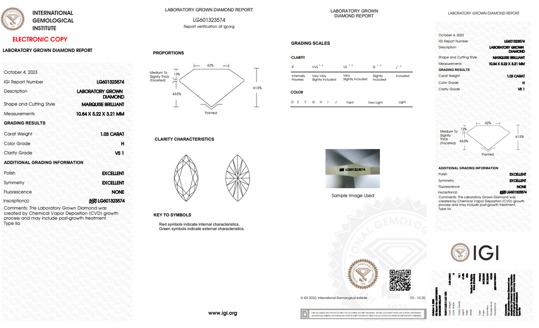 IGI -certificeret 1,03 CT Marquise Lab Grown Diamond, VS1 Clarity, H Color