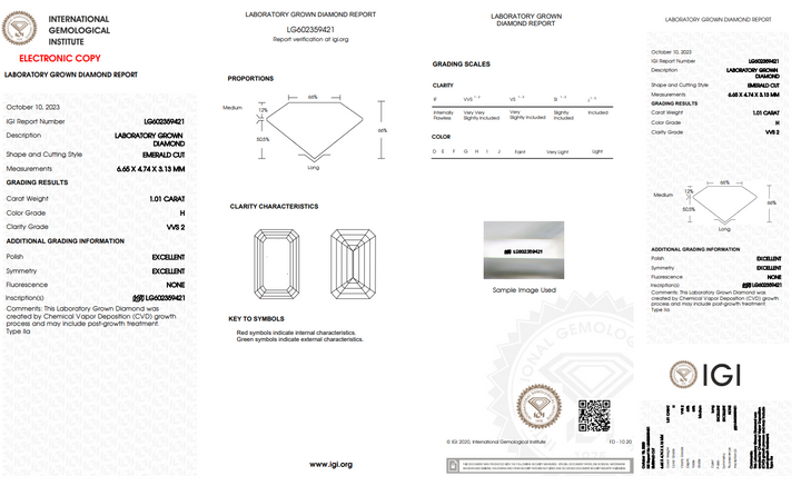 DIAMANT CULTIVÉ EN LABORATOIRE ÉMERAUDE DE 1,01 CT CERTIFIÉ IGI, VVS2, COULEUR H