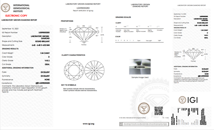 1,04 CT Round Diamond cultivé en laboratoire | VVS2 | D Couleur | Certifié IGI