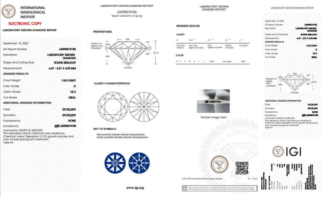 IGI Certificado 1,04 CT Diamante de Laboratório Rodado - Clareza VS2