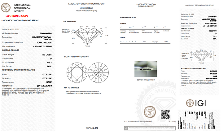 IGI Certificat 1,02 CT Round Lab Diamond Grown, VVS2 Claritate