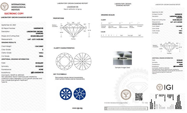 IGI сертифікований 1,04 CT Round Lab Diamond, VVS2, E Колір