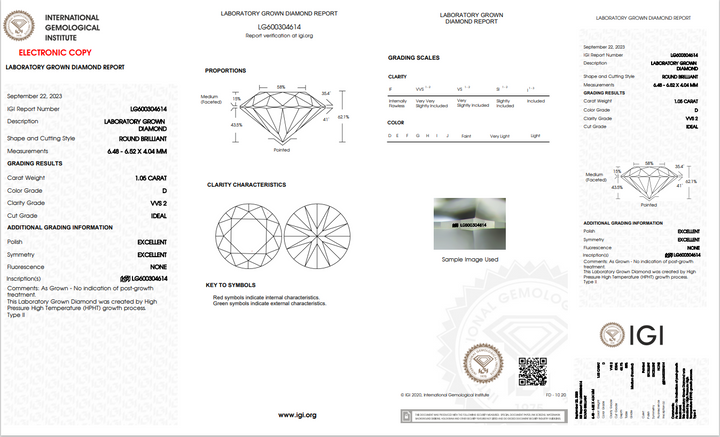 1.05 CT ROUND LAB-GROWN DIAMOND - VVS2 CLARITY, EXCEPTIONAL SPARKLE