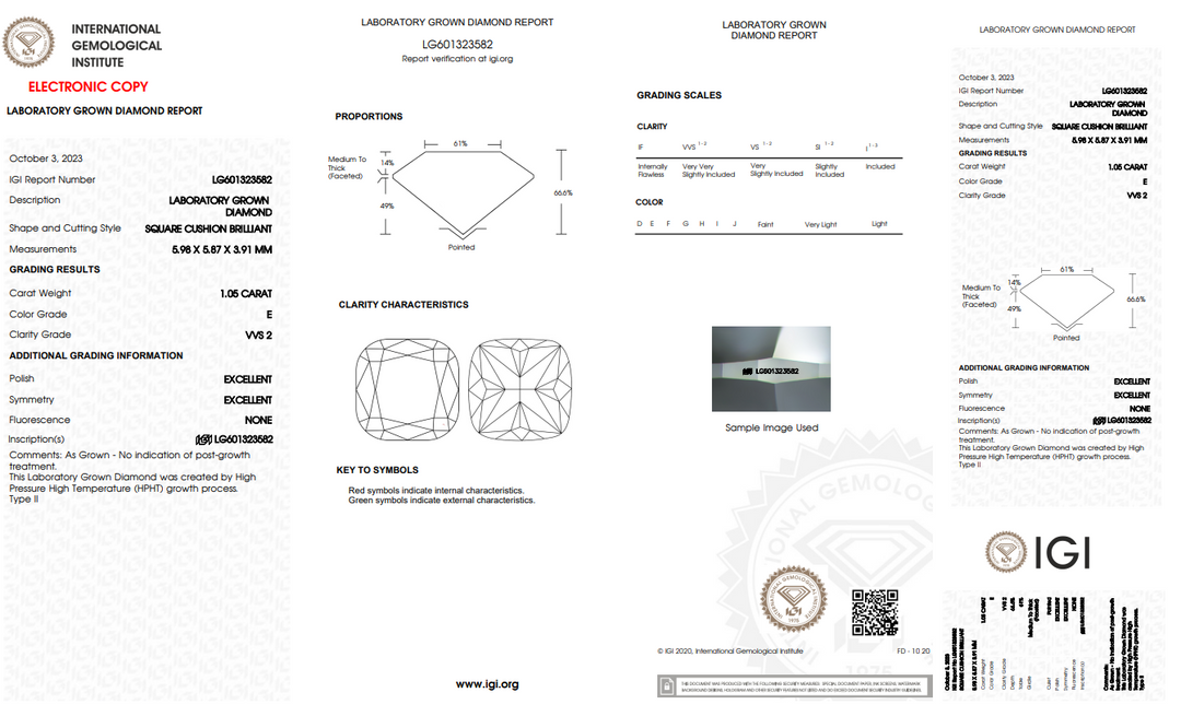 IGI Certified 1.05 CT CUSHION Brilliant Cut Lab Diamond - VVS2/E Color